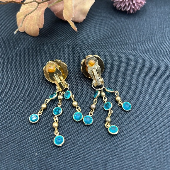 Vintage Turquoise Crystal Convertible Drop Dangle Clip On Earrings - Picture 4 of 6